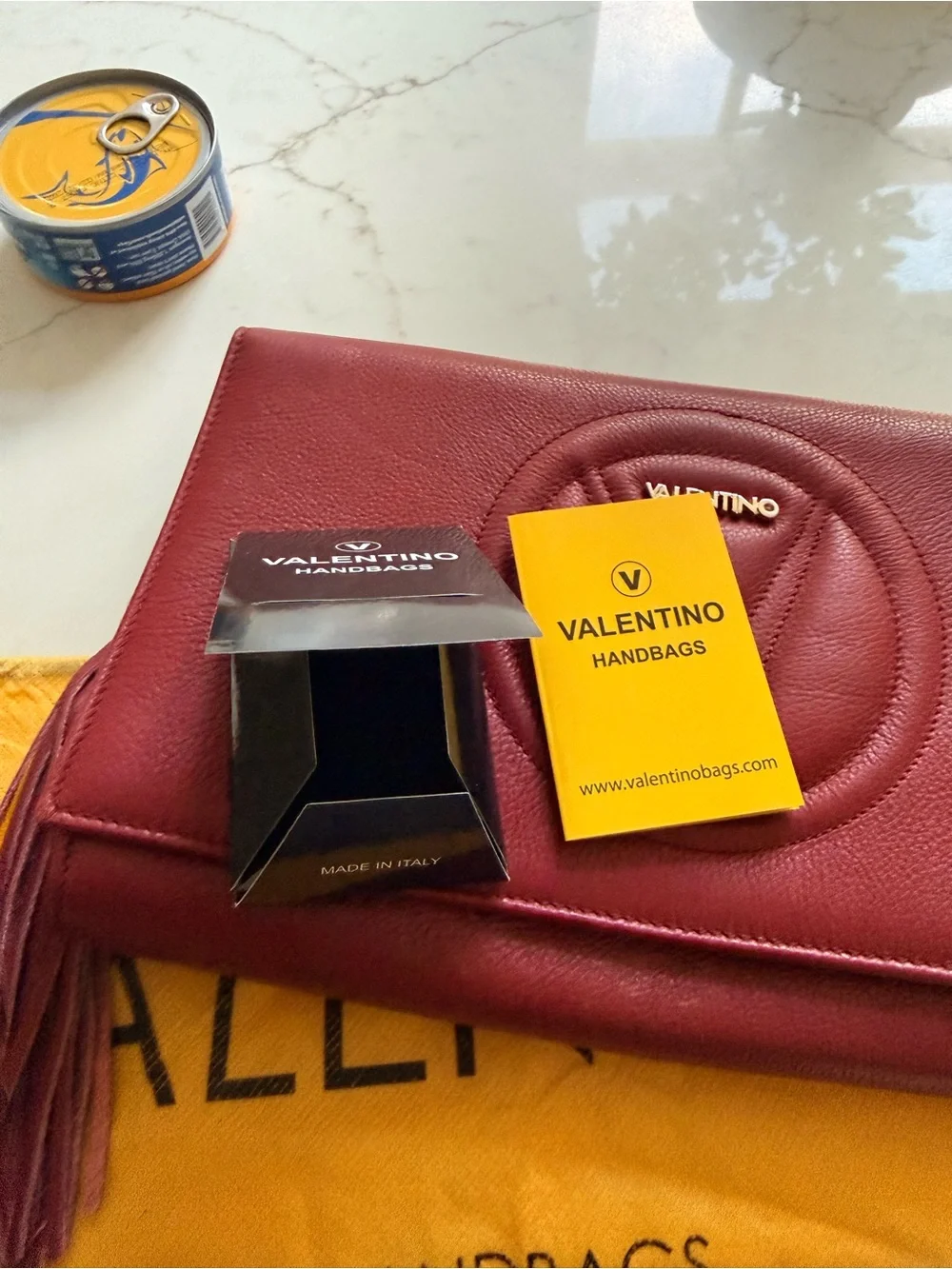 Valentino Burgundy Leather Wristlet Clutch with Tassel